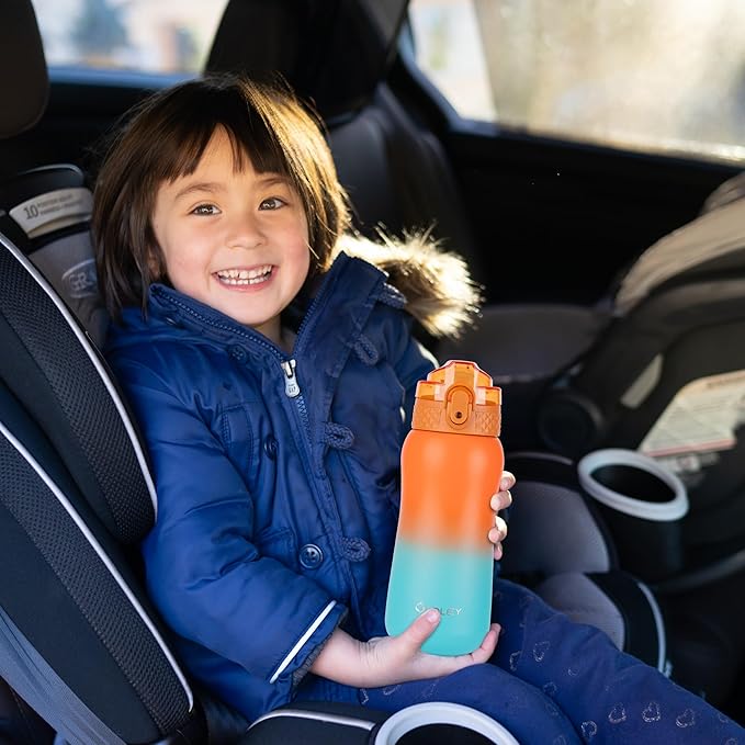 OLDLEY Insulated Kids Water Bottle 12oz, Stainless Steel, Double Wall, Leak-Proof, School Travel, Ombre Orange-Green
