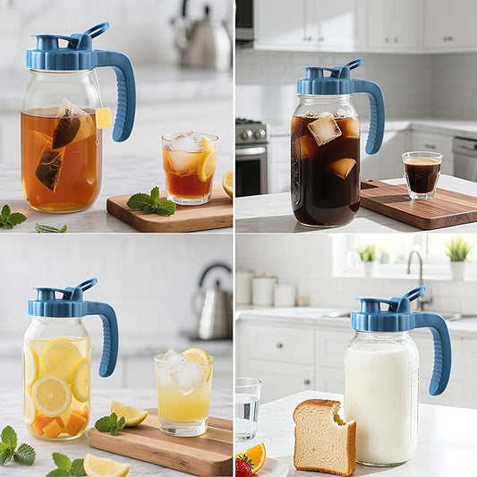 Half Gallon Glass Pitcher With Lid 64 Oz Wide Mouth Mason Jar Cold Hot Water Pitcher 2 Quart Sun Tea Glass Jar For Outside For Fridge Lemonade, Beverage,Milk,Juice, Cold Brew Iced Tea Container