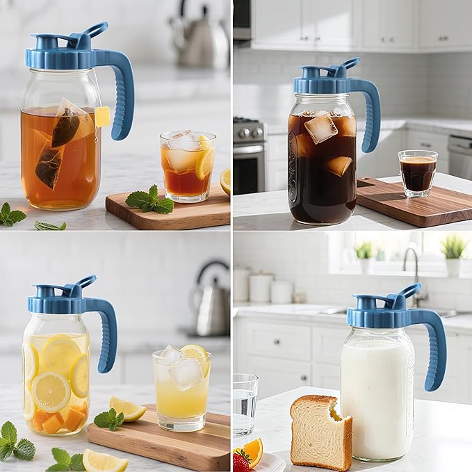 64 Oz Glass Pitcher With Lid 2 Set Half Gallon Wide Mouth Mason Jar Cold Hot Water Pitcher 2 Quart Sun Tea Glass Jar For Outside For Fridge Lemonade, Beverage,Milk,Juice, Cold Brew Iced Tea Container