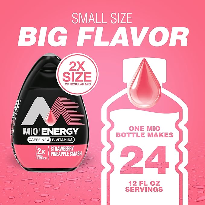 MiO Energy Strawberry Pineapple Smash Naturally Flavored with other natural flavors Liquid Water Enhancer Drink Mix with Caffeine & B Vitamins with 2X More (3.24 fl. oz. Bottle) (Pack of 2)