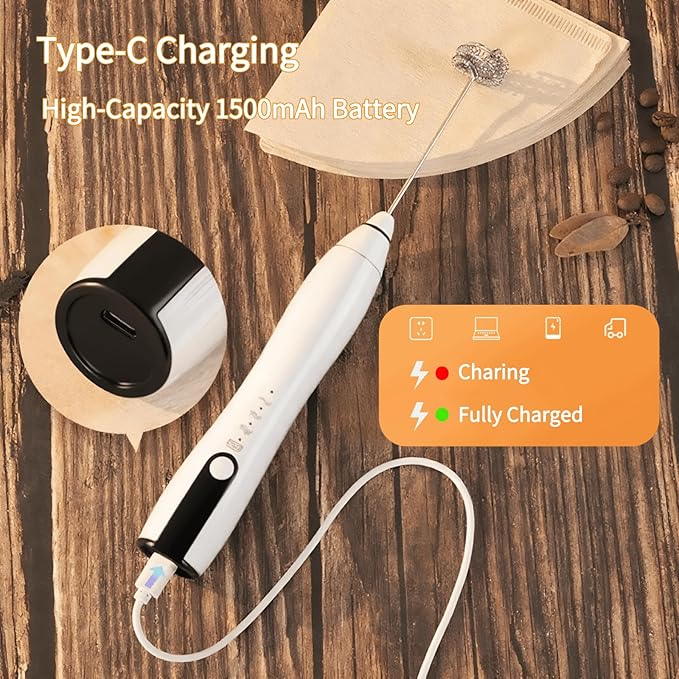 Rechargeable Milk Frother Handheld,Kitchen Essentials Hand Mixer with 3 Stainless Whisks Heads,Electric Whisk Frother for Latte, Cappuccino,Matcha, Egg, Milk Powder,with Stand (white)
