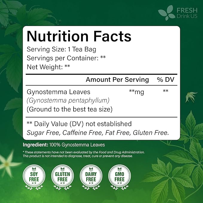 FreshDrinkUS, Premium Gynostemma Tea Bags (Jiaogulan) | 75 Count | Naturally Smooth & Earthy Caffeine-Free Herbal Tea – Plant-Based Tea Bags for Daily Enjoyment. Caffeine Free, Sugar Free. Vegan