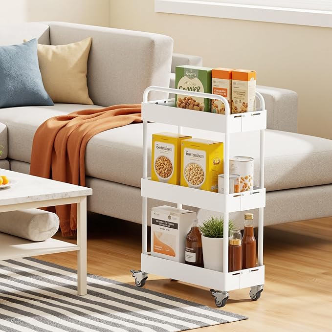 HOTEAGLE 3-Tier Rolling Cart Metal Expandable Utility Carts with Wheels, Ideal Storage Organizer for Livingroom, Bedroom, Kitchen and Bathroom, White