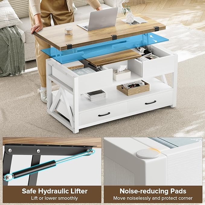 40" Lift Top Coffee Table,4 in 1 Multi-Function Lift Coffee Tables with Storage Drawers and Hidden Compartmen,Farmhouse Coffee Table with Lifting top for Living Room, White+Brown