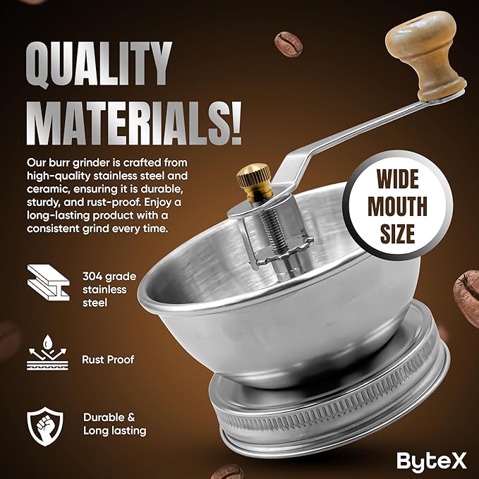 Stainless Steel Coffee Grinder Lid Attachment for Regular Mouth Mason Jars - Manual Crank Burr Grinder for Fresh Coffee, Ideal for Camping, Home Barista, Rust Proof Ceramic Mechanism (Wide)