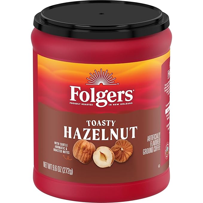 Folgers Toasty Hazelnut Flavored Ground Coffee, Medium Roast 9.6 Ounce Canister (Pack of 6)