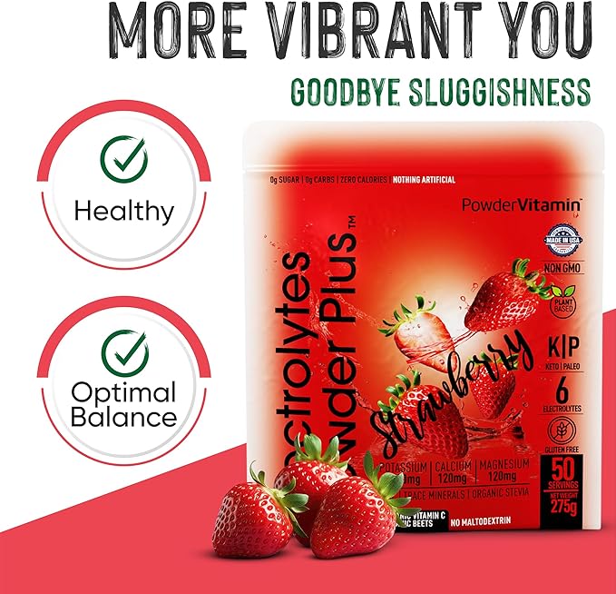 PowderVitamin Electrolytes Powder Plus Keto, Strawberry (50 Servings) 0 Sugar, No Maltodextrin,1000mg Potassium,120mg Calcium,120mg Magnesium,Organic Vitamin C,Zero Calories, Energy Hydration Powder