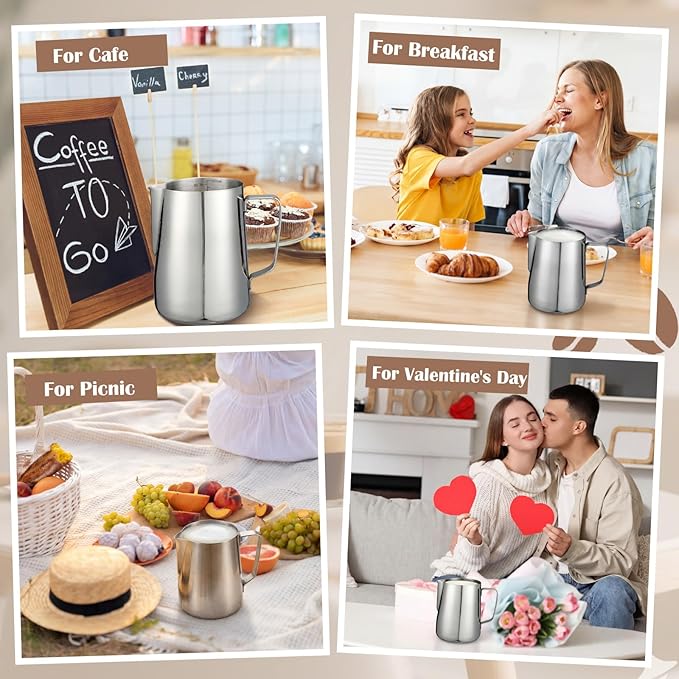 Honeydak 4 Pcs Milk Frothing Pitcher 304 Stainless Steel Steaming Pitchers for Coffee Bar Cappuccino Barista Tools Milk Jug Steamer Frother Cup (30 oz)
