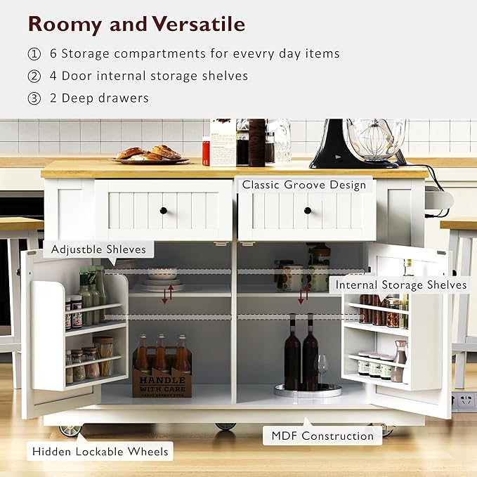 Rolling Kitchen Island with 2 Bar Stools, Drop Leaf & Power Outlet, Large Kitchen Islands Cart on Wheels, Movable Kitchen Island with 5 Open Shelves & Towel Rack for Kitchen, Dining Room, 48″, White