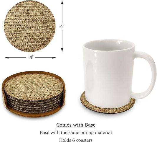Smile Art Design Burlap Coaster Set of 6 with Base Blank Round Burlap Textile Material Personalized Gifts Natural Decor House Warming Farmhouse Living Room Kitchen Wedding Rustic Home Decor