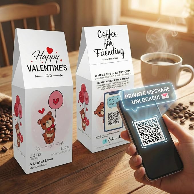 Hug In a Cup – Friending 12 oz Coffee, Medium Roast – Premium Brazilian Single Origin Arabica Beans – Made in USA – Coffee Gift with Private QR Love Message