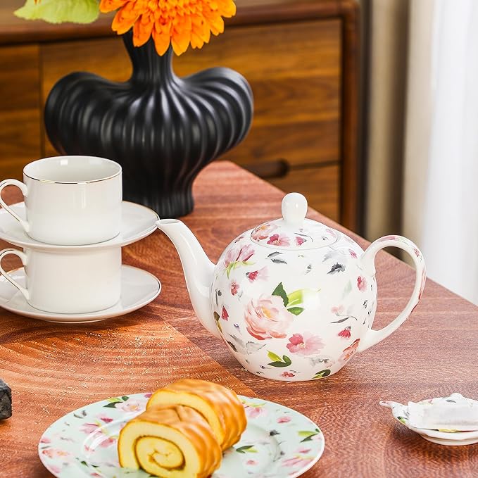 30oz Porcelain Teapot, Floral Design Ceramic Tea Pot for Loose Leaf & Bagged Tea, Classic 3-4 Cups Teapot for Daily Use & Special Occasions, Dishwasher Safe