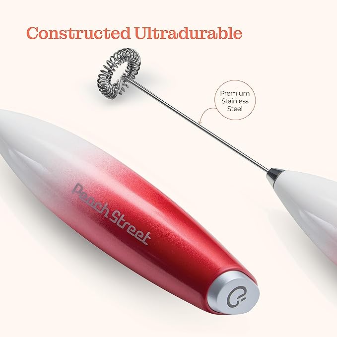 Powerful Handheld Milk Frother, Mini Milk Foamer, Battery Operated (Not included) Stainless Steel Drink Mixer with Stand for Coffee, Lattes, Cappuccino, Frappe, Matcha, and Hot Chocolate. (Red/White)
