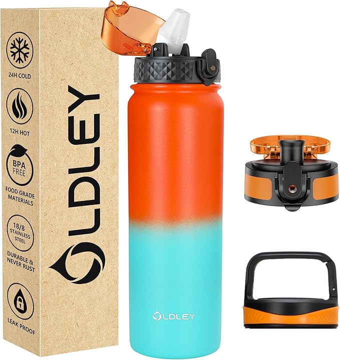 Oldley Insulated Water Bottle 32oz Water Bottles with Straw, Stainless Steel Water Bottle with 3 Lids, Double Wall Vacuum Bottels for Adults School Kids,Leak-Proof Sport Bottles, Ombre Orange-green