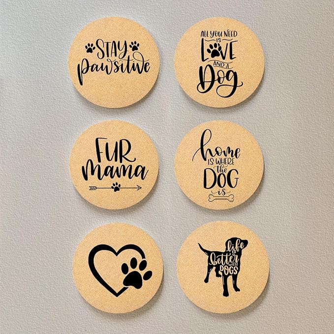 Coasters for Drinks with Set of 6, Cute Dog Coaster for New Home Couples House Warming Gifts Absorbent Paw Cork Wood Bulk for Cup Desk Coffee Table Office Kitchen Decor, Round 4"