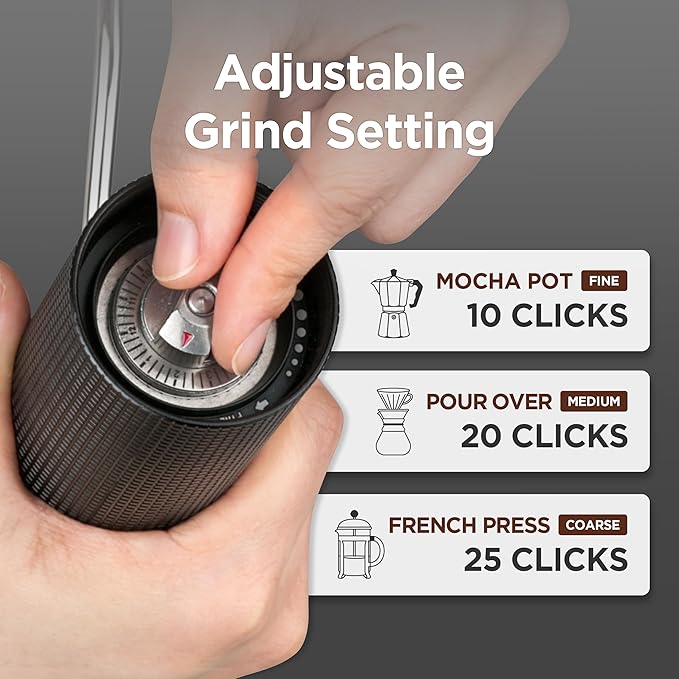 On The Go 135 Manual Coffee Grinder - Stainless Steel Conical Burr with Adjustable Setting, Double Bearing - Max Capacity 0.88oz, Hand Grinder for Home, Travel and Camping, and Gift