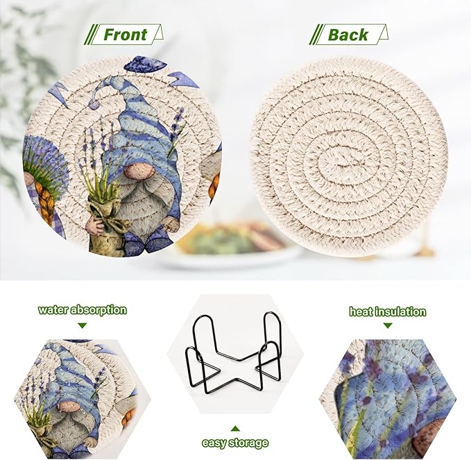 Lavender Gnome Drink Coasters With Holder - Set of 6 Absorbent Decorative Bar Coasters - Cotton Woven for Coffee Table Protection