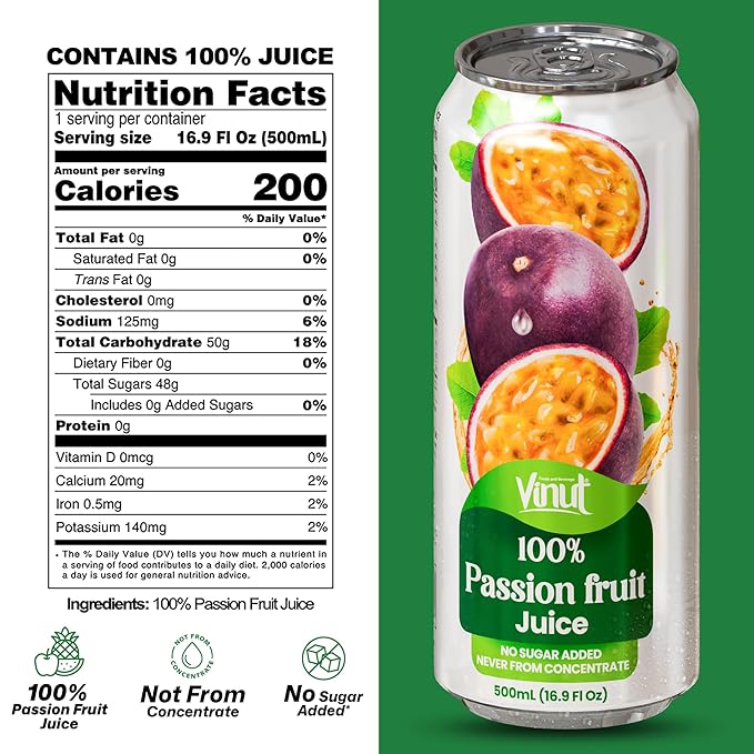 VINUT 100% Passion Fruit Juice, No Added Sugar, Not From Concentrate, 16.9 fl oz (500 mL) Can, Pack of 24
