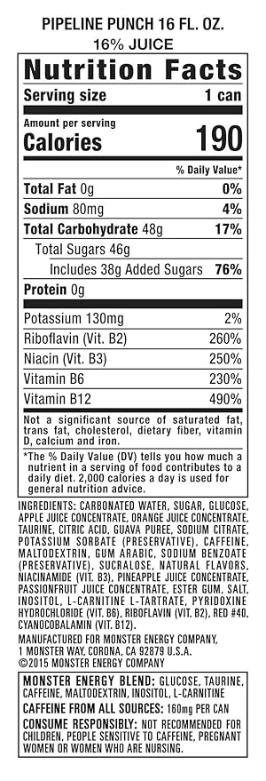 Monster Energy Juice Pipeline Punch, Energy Drink, 16 Ounce | Energy + Juice, Pack of 15