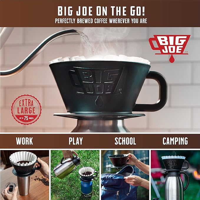 BIG JOE® Large Pour Over Coffee Maker w/ 50 Filters, Brews from 12 up to 75 Ounces, Fits Any Drinkware, Dishwasher Safe, Made in USA