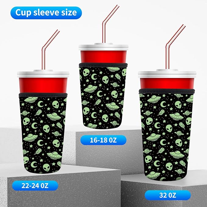 3 Pack Reusable Neoprene Insulator Sleeve for Iced Coffee Cups, Funny Coffee Cup Sleeves for 16-32oz Coffee cups, Cute Drink Sleeve for Cold Hot Beverages Cute Green Alien