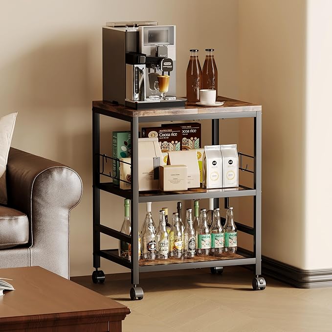 Homeiju 3-Tier Wooden Microwave Cart with Storage, 22.4''W Microwave Stand Coffee Cart Rolling Kitchen Utility Cart with Wheels, 5 Hooks, Rustic Brown and Black