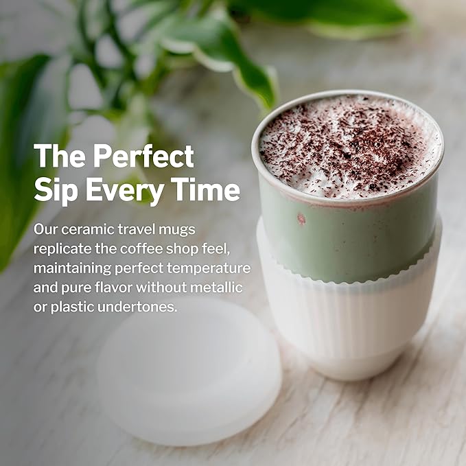 NOVA CERAMICS Travel Mug - Ceramic To Go Coffee Mug With Lid – Travel Mug Ceramic To Go Cup – Microwave & Dishwasher Safe Ceramic Coffee Mug With Lid - Gifts For Women Men Him Her – 12oz – Sage Green