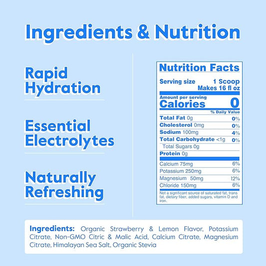 Nectar Sugar Free Electrolytes Powder - Organic Fruit No Sugar or Calories - Hydration Powder for Dehydration Relief and Rehydration - Keto and Paleo (Strawberry Lemonade 40 Serving Tub)