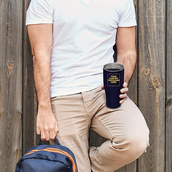 DISCOUNT PROMOS 10 Stainless Steel Grip Travel Mugs Set, 27 oz. - Customizable Text, Logo - Vacuum Insulated, Plastic Lid - Blue