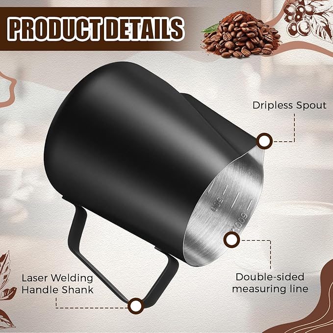 Maxdot 3 Pack Milk Frothing Pitcher 12 Oz, 20 oz and 30 oz Milk Frother Cup Stainless Steel Espresso Steaming Pitcher with Scale Frother Jug with Art Pen for Cappuccino Coffee Latte Art
