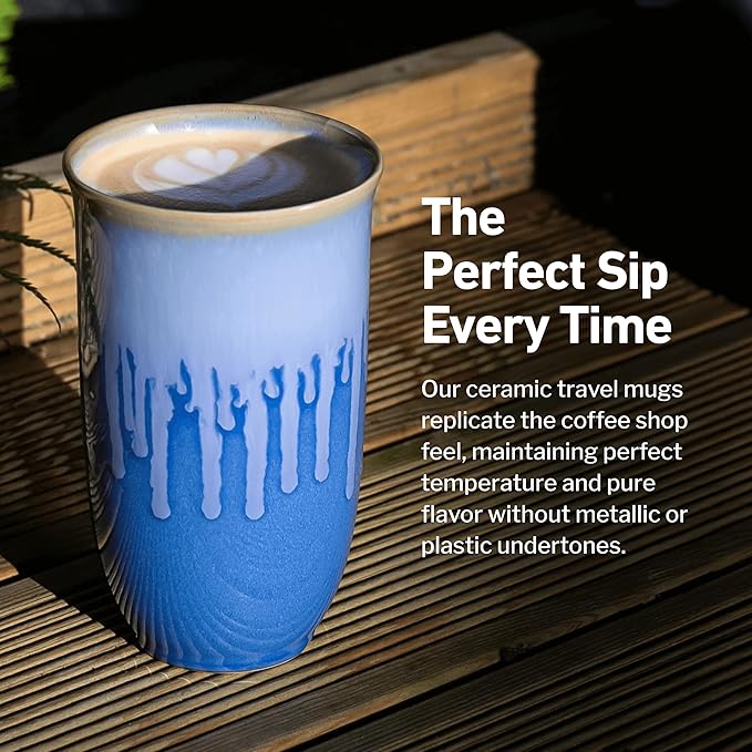 NOVA CERAMICS Ceramic Tumbler– Blue Ceramic Mug – Microwave & Dishwasher Safe Coffee White & Orange Tumbler - Leak-Proof Coffee Travel Mug – 16oz – Neptune