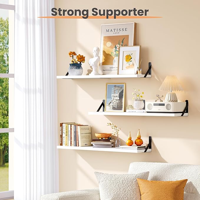 upsimples Floating Book Shelves for Wall, 35.4 Inches Long Floating Wood Shelves for Living Room, Library, Bedroom, Office Organizer and Storage, White