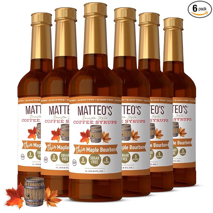 Matteo's Maple Bourbon Syrup for Coffee, Lattes, Cappuccinos & Desserts – Sugar-Free Sweetener for Beverages, Keto Friendly, Zero Calories, Indulgent Flavor, Non-Alcoholic, 33.8oz (6pk)