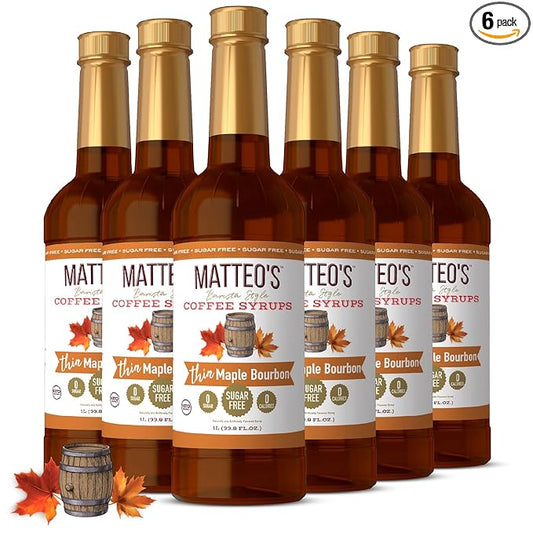 Matteo's Maple Bourbon Syrup for Coffee, Lattes, Cappuccinos & Desserts – Sugar-Free Sweetener for Beverages, Keto Friendly, Zero Calories, Indulgent Flavor, Non-Alcoholic, 33.8oz (6pk)
