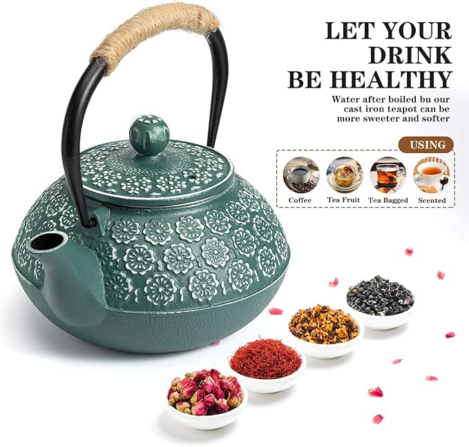 Sotya Cast Iron Teapot, 30oz/900ml Japanese Tetsubin Tea Pot with Infuser for Loose Leaf and Tea Bags, Tea Kettle Coated with Enameled Interior for Stove Top, Dark Green