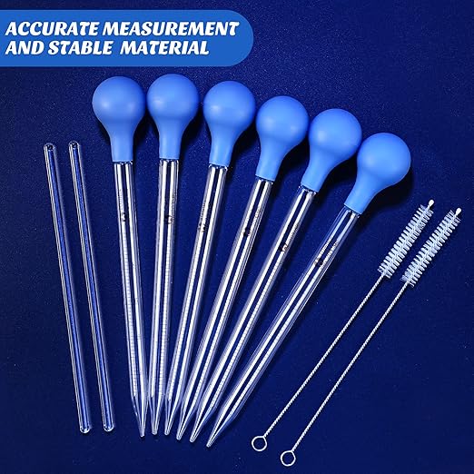 Weewooday Glass Droppers Pipettes Graduated Lab Dropper Glass Liquid Pipette with Big Rubber Hats 20 cm Stir Rod Washing Brush Transfer for Liquid Essential Oil(16 Pieces,Blue,10 ml)