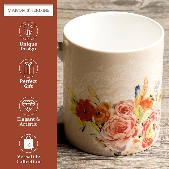Maison d' Hermine Coffee Mug with Handles Fine Bone China Mugs Pack of One Tea Cups for Hot Beverages Cappuccino Latte Home Restaurant Office Perfect for Gift (Ibiza - Beige - Rose, 12 Ounce)