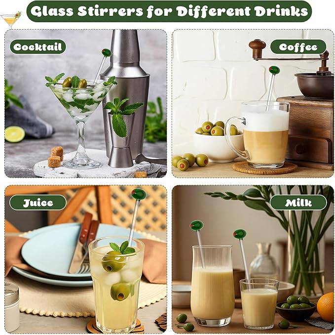 12 Pcs Glass Martini Drink Stirrers 7 Inch Olive Swizzle Sticks for Cocktails Coffee Reusable Olive Beverage Stir Sticks for Birthday Party Coffee Bar Kitchen Bar Weddings