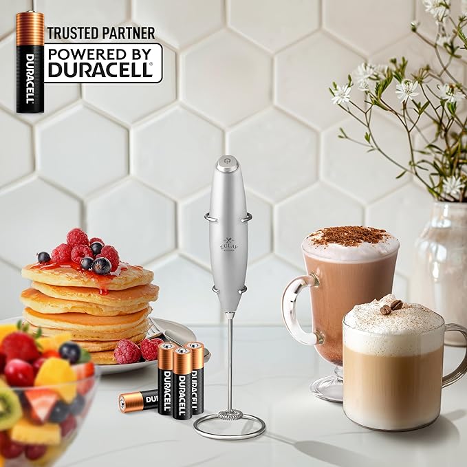Zulay Kitchen Powerful Milk Frother Wand With 4 AA Duracell Batteries - Ultra Fast Handheld Drink Mixer - Electric Whisk Foam Maker for Coffee, Lattes, Cappuccino, Matcha & Creamer