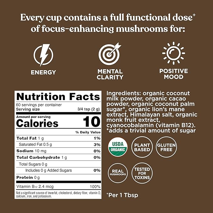 Four Sigmatic Focus Chocolate Coffee Creamer | Organic Non Dairy Coffee Creamer with Lion’s Mane and Vitamin B12 | Chocolate, 4.23 oz (Pack of 2)