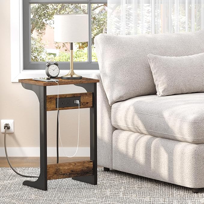 TUTOTAK C Shaped End Table with Charging Station, Set of 2, Couch Table, Tv Tray with 2 USB Ports and Outlets, Sofa Side Table for Small Spaces, Living Room, Bedroom TB01BB0442