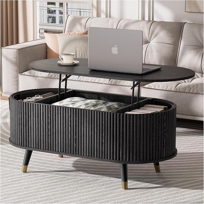 42.5" Oval Lift Top Coffee Table with Storage,Modern Black Center Table with Fluted Design, Solid Wood Legs & Hidden Compartment, Pop Up Cocktail Table for Living Roomm