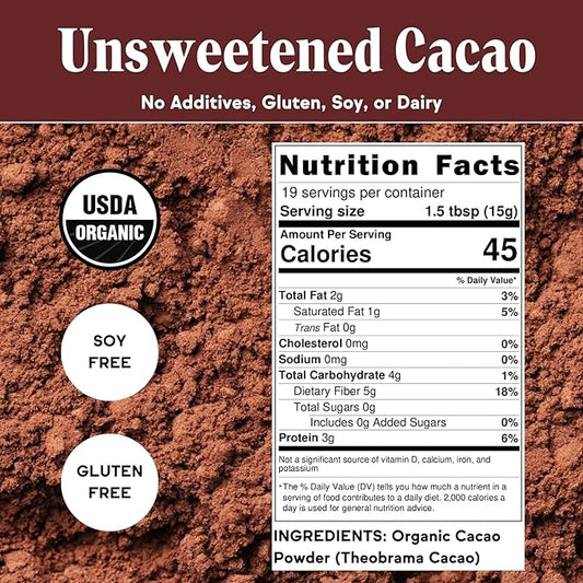 Raaka Chocolate Organic Cacao Powder - Unsweetened, Non-Alkalized, Perfect for Baking, Substitute for Cocoa Powder - Gluten-Free, Soy-Free, Sugar-Free, Allergen-Friendly - 8oz Resealable Bag