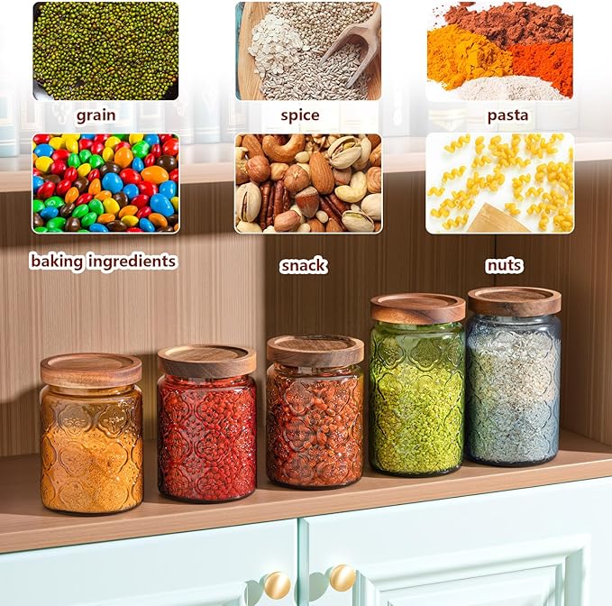 Outus 5 Pcs 23.7 oz, 33.8 oz Vintage Glass Jar with Lids Colored Glass Canisters Jars with Airtight Wooden Lids for Kitchen Counter Flour Sugar Cookie Coffee Tea Storage Containers