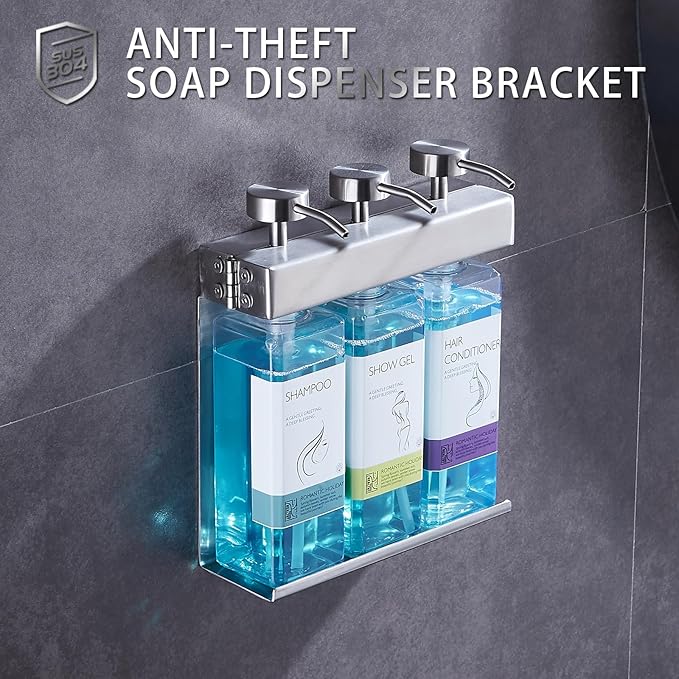 Shampoo, Conditioner, Bath Shampoo Dispenser 3 refillable soap Dispenser Pump Bottles - Bathroom Stainless Steel Wall-Mounted Bath Soap Dispenser Empty Shower Gel Dispenser Set (3 Room)