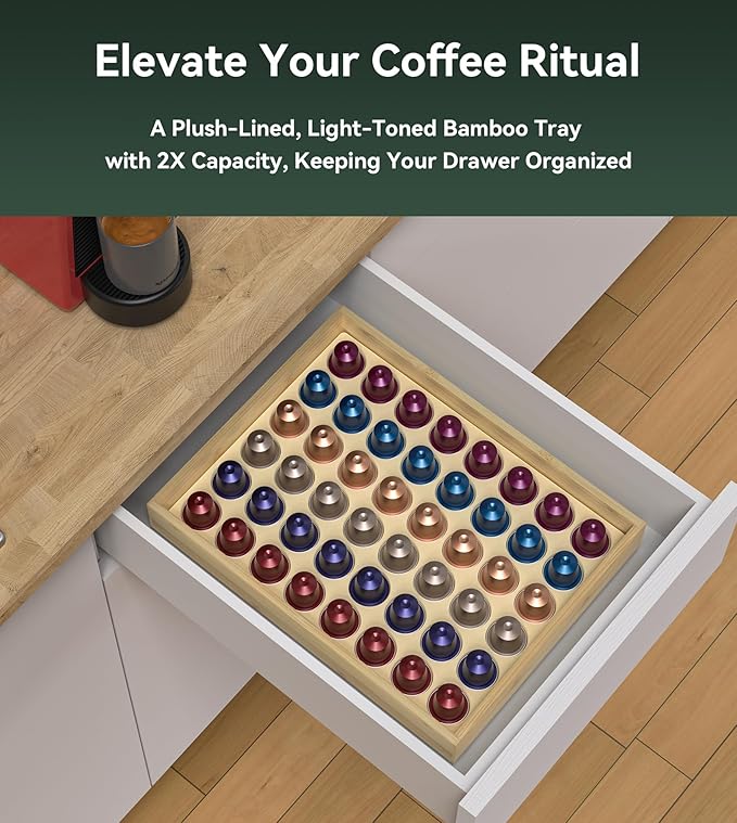 for Nespresso Original Capsules - Bamboo Coffee Pod Storgae for Counter Drawer Insert - 48 Capsules Organizer (14.3” x 11” x 1.57”)