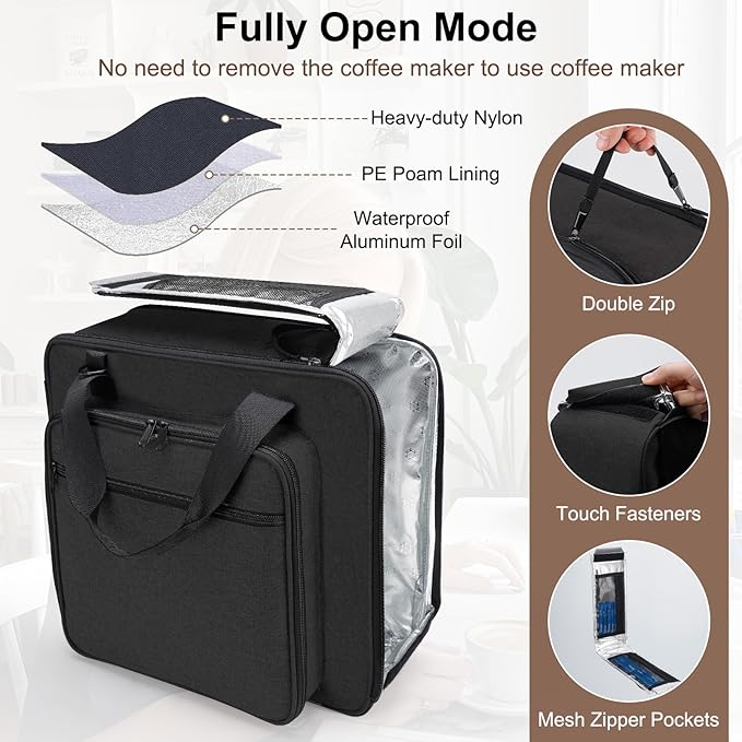 Portable Carrying Coffee Maker Travel Bag Match for Keurig K-Mini/K-Mini Plus/K-Express, Single Serve Coffee Machine Travel Bag with Padded Shoulder Straps Includes Multiple Storage Bags, Black