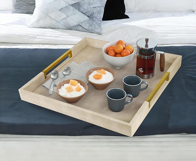 HofferRuffer Faux Leather Serving Tray with Gold Metal Handles, Stylish Decorative Tray Organizer for Coffee Table, Ottoman, Home Decor and Serving (LightGrey Shagreen, 18.9" x 18.9" x 2")