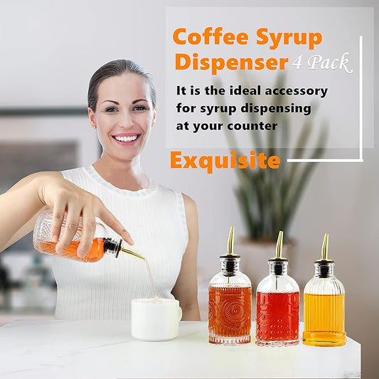 Syrup Dispenser Bottles Set, 4 Pack 7 OZ Bottles With Metal Pour Spout and Labels for Syrups, SC055 (4 Pack)
