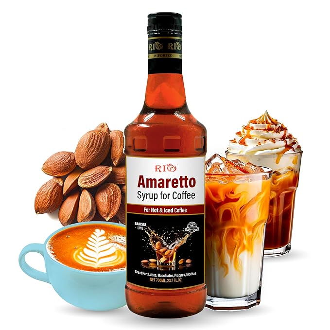 RIO Amaretto Coffee Syrup, Perfect for Hot or Iced Drinks & Desserts, Sweet & Nutty Taste, Sweetened with Pure Cane Sugar, Barista-Grade Flavor Syrups for Coffee Drinks at Home & Work - 700ml